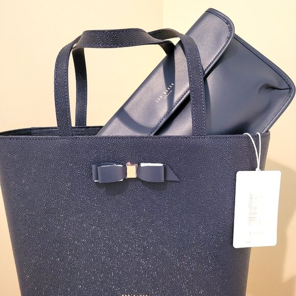 NWT Ted Baker 'Demmiee' Tote in Navy with Makeup Bag – Elegant Bow Detail - Picture 2 of 9
